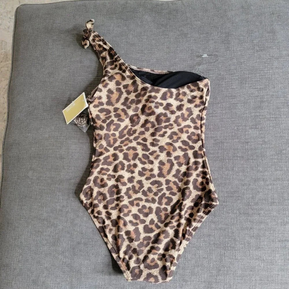 Michael Kors Women's Tan & Brown Leopard Print One Shoulder Swimsuit Size 8 - Picture 11 of 16